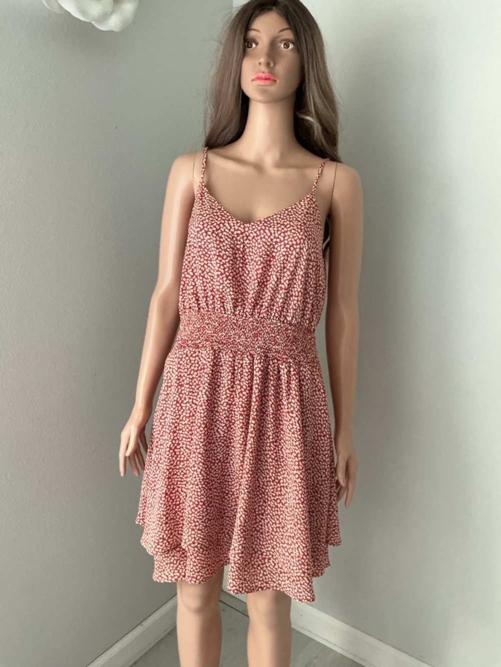 mittoshop Red Micro-Print Smocked Waist Mini Dress
